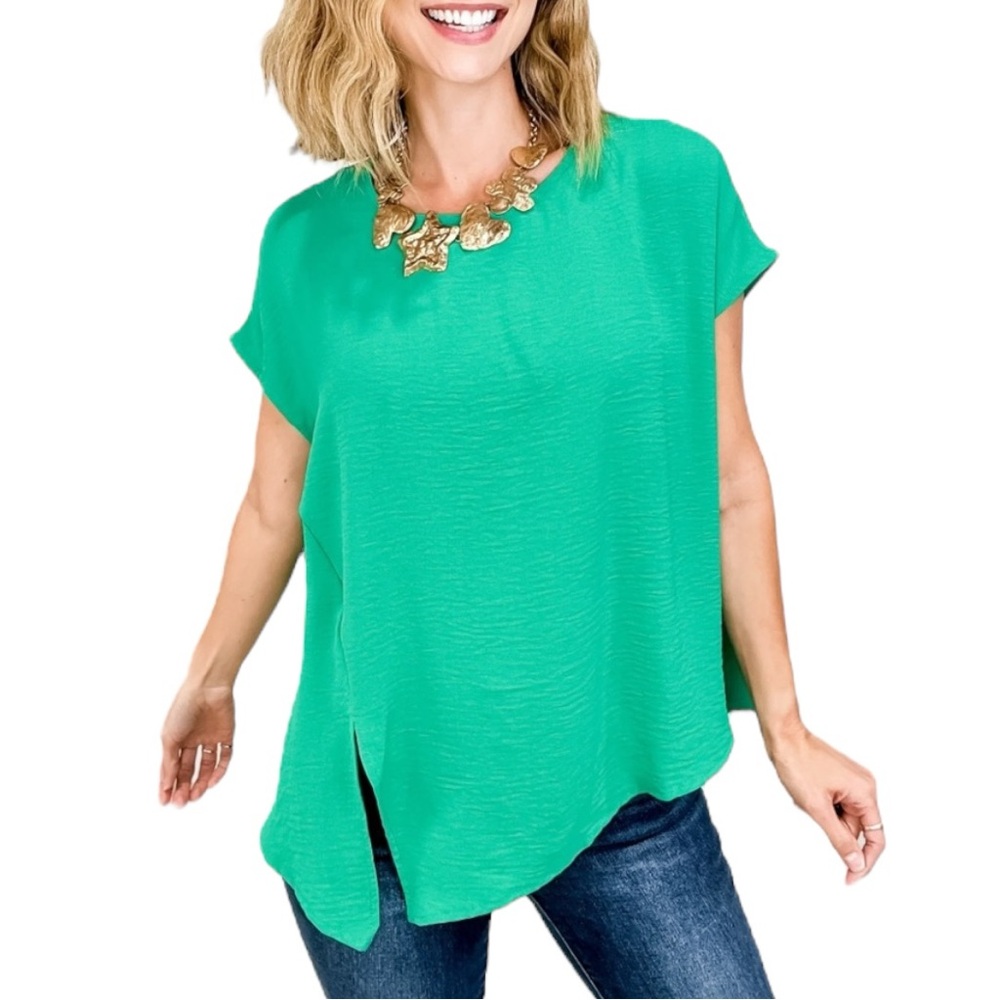Green Women's Short Sleeve Side-Slit Top